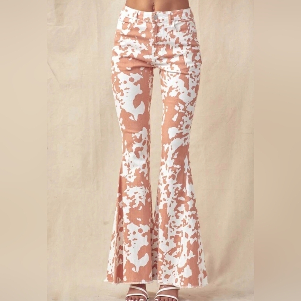 Wisteria Lane Floral Cow Print‎ Bell Bottom Flare Pants Size Large White Boho